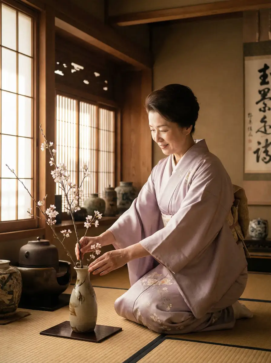 一位优雅的 熟女传媒最新高清与精选视频 在和室中插花